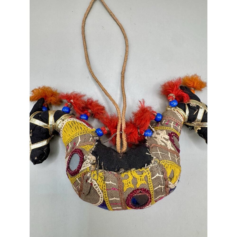 Boho Indian Double Horse Ornament Folk Textile Mirror Beads 7.5in Xmas Decor